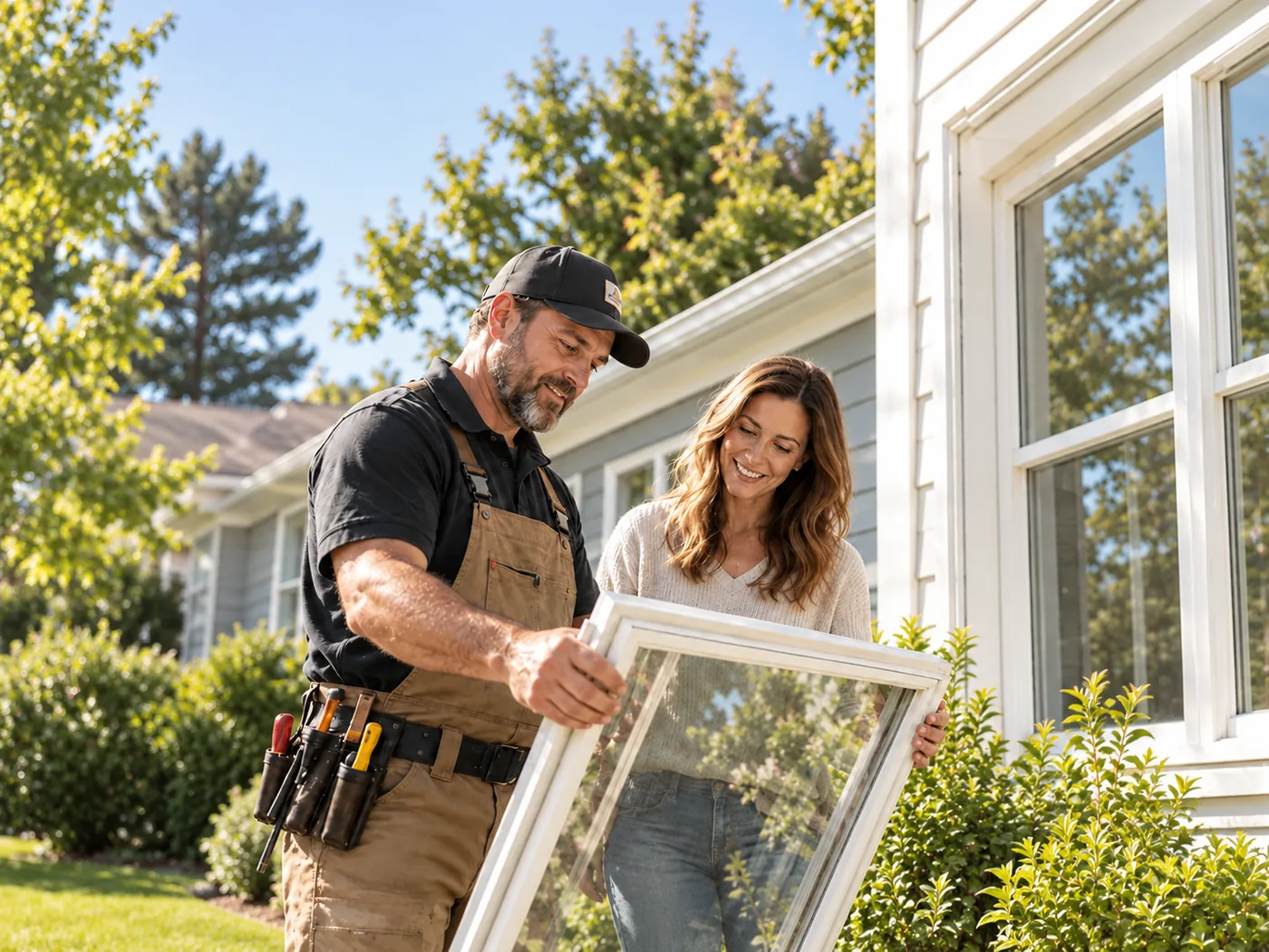 A contractor and homeowner reviewing a replacement window together